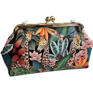 Anuschka Jungle-Giraffe Motif Multicolor Painted Leather Kiss-Lock Clutch